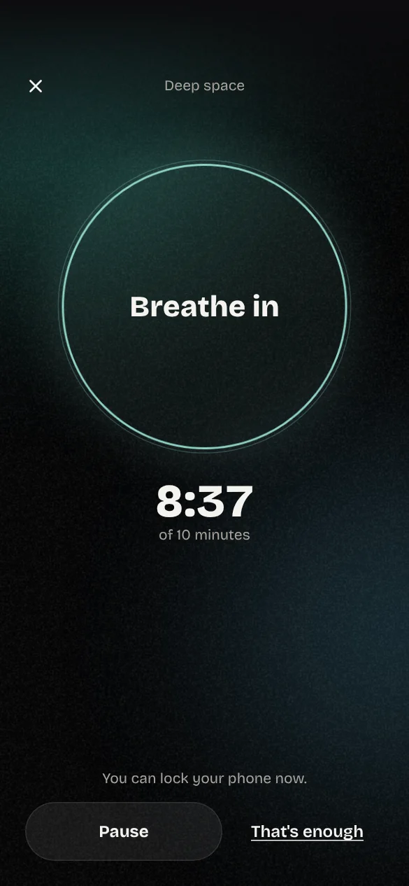 A quiet session: a sea-glass ring that says Breathe in, with Deep space playing.
