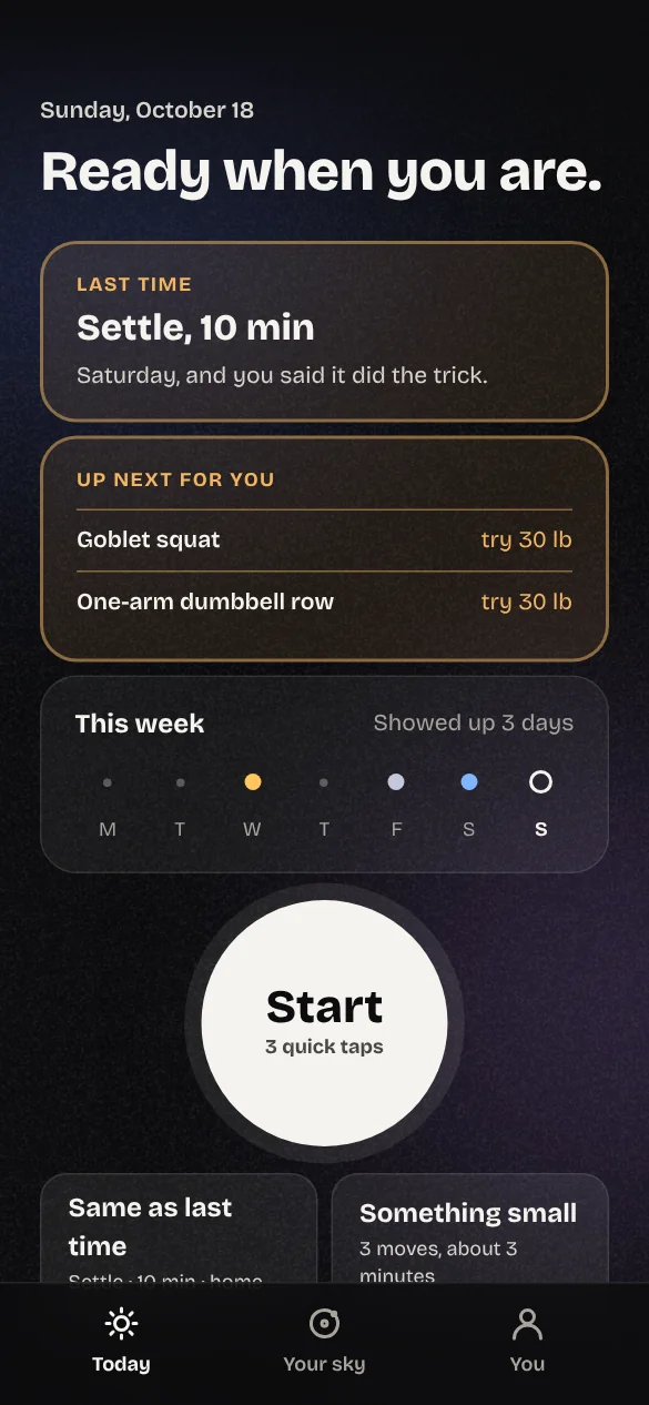 Movesong on a phone: Ready when you are, with this week's sessions as small lights and a big Start button.